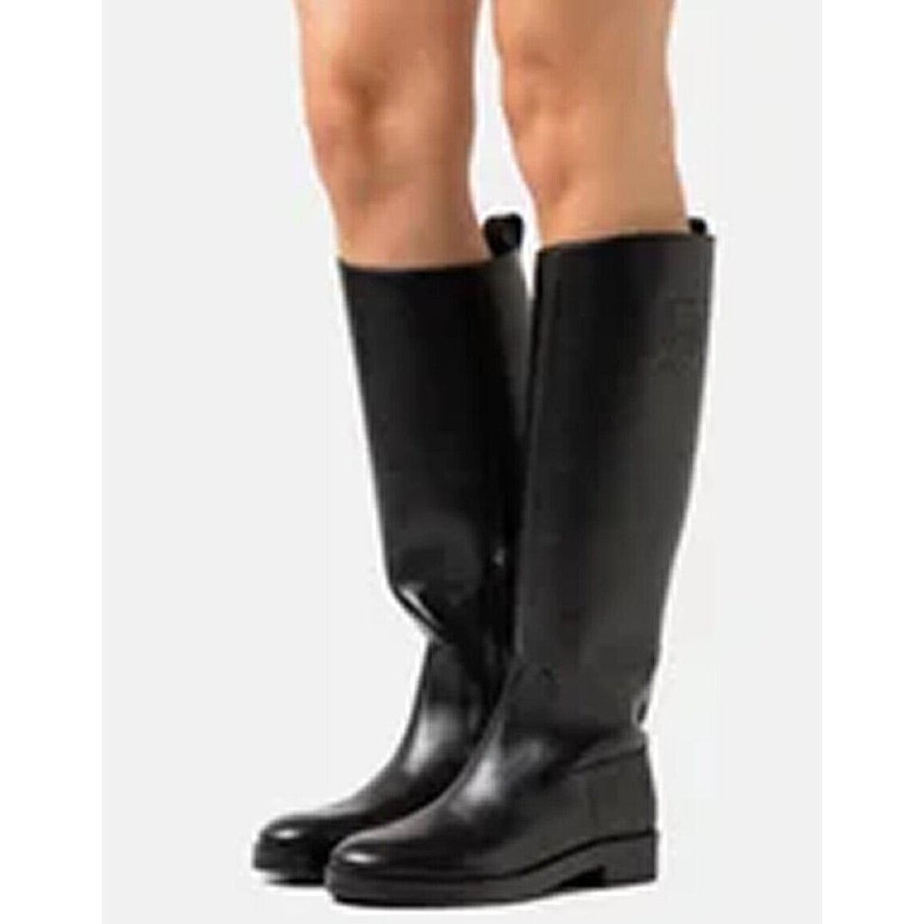 Tory Burch The Riding Boot Logo Embossed Black Leather Size 8.5 M Dd428